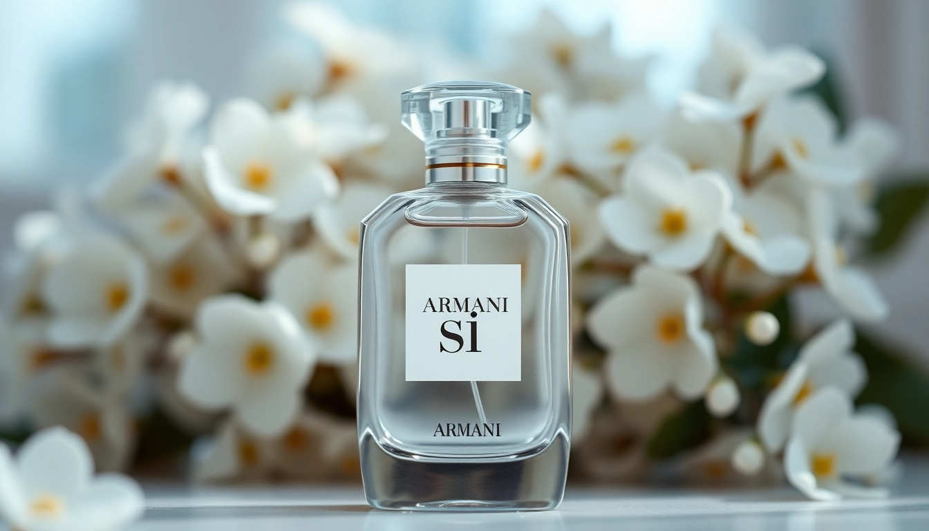 Elegant Armani si fragrance bottle surrounded by romantic white flowers.
