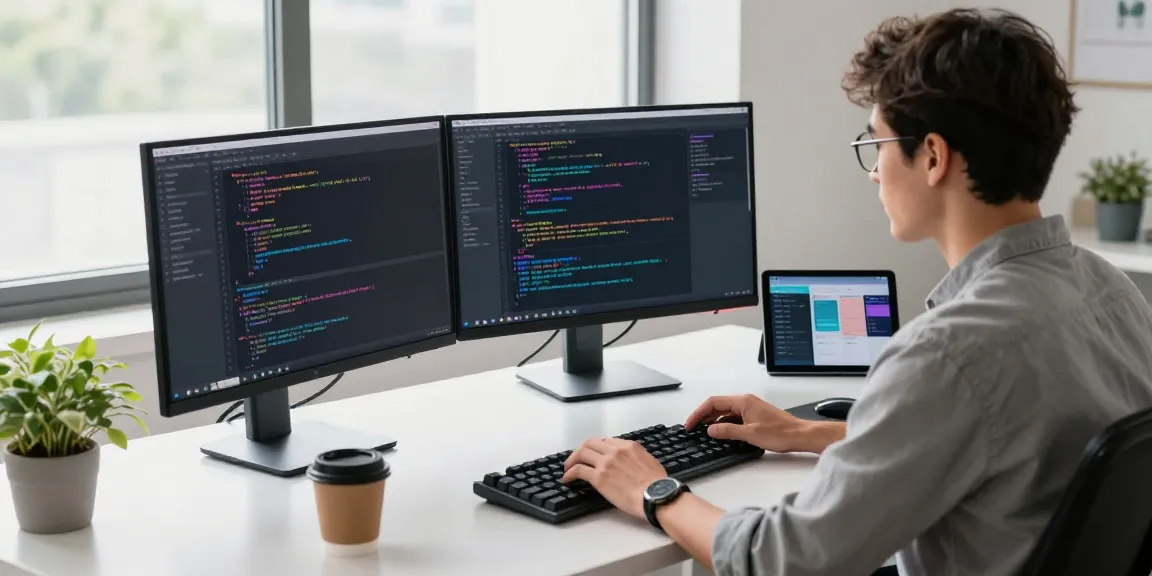 Developer coding on dual monitors at a modern workstation with 纸飞机中文版 related elements.