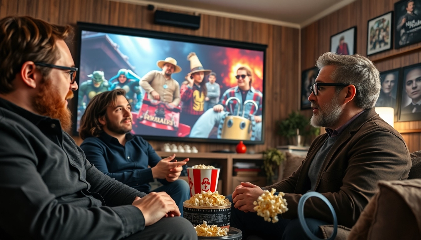 รับชมภาพยนต์ที่ 7-hd.com ในโรงหนังที่ดูอบอุ่น พร้อมคนกลุ่มหนึ่งที่กำลังพูดคุย