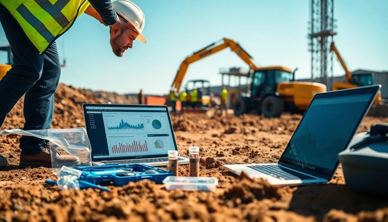Analyzing construction assessment testing through soil sample analysis at a busy construction site.