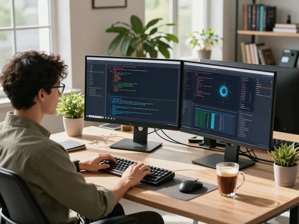 快连 enhancing productivity in modern tech workspace with developer coding.