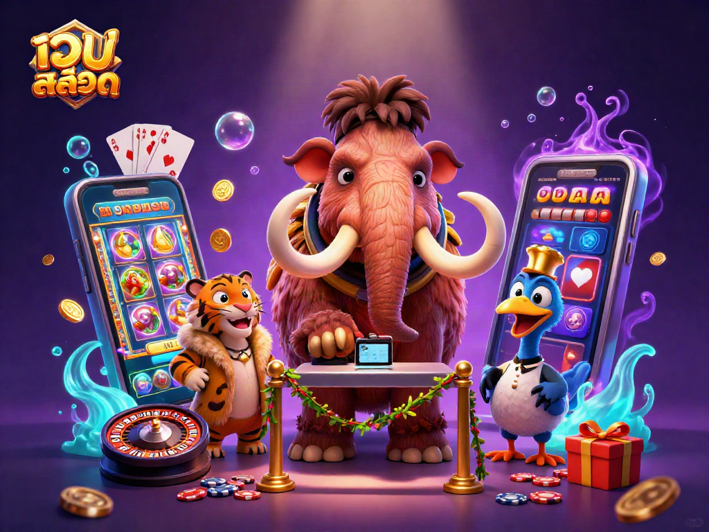 Experience the excitement of เว็บสล็อต with a lavish casino scene featuring a mammoth bouncer, VIP saber-toothed tiger, and vibrant game elements.