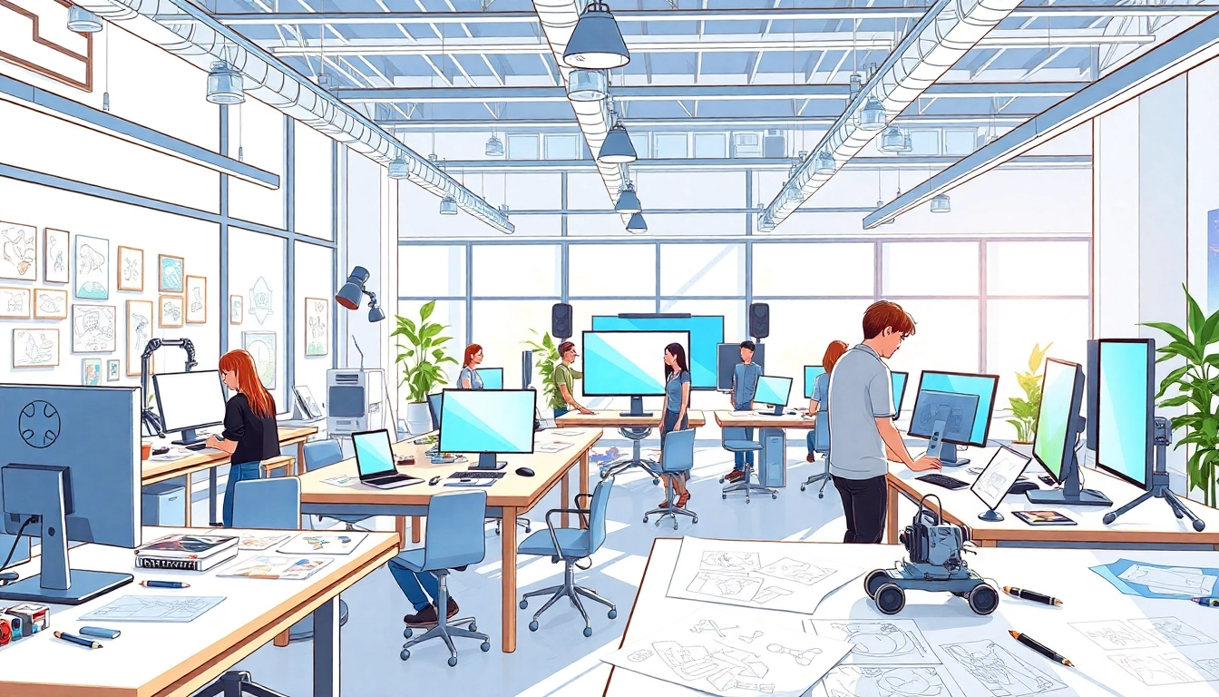 Animationsstudio mit kreativen Künstlern, die zusammenarbeiten und Ideen präsentieren.