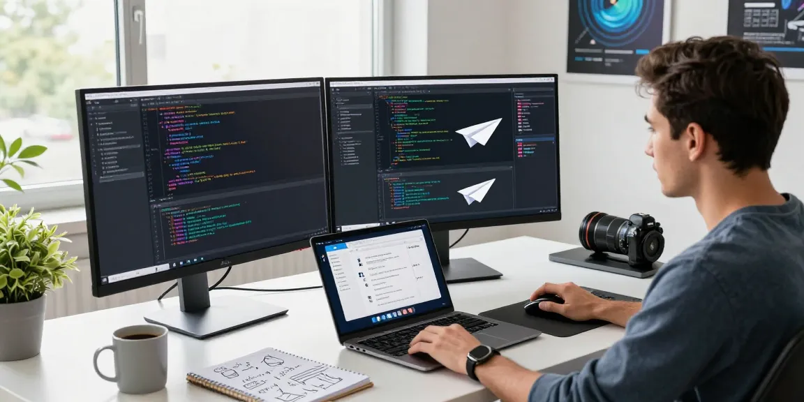 Developer coding and using 纸飞机中文版 in a modern workspace surrounded by tech gadgets.