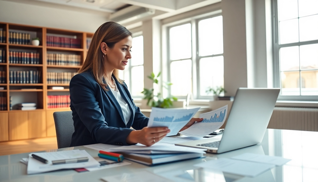 Consultant reviewing contracts and grants in a modern office for clarity and professionalism.