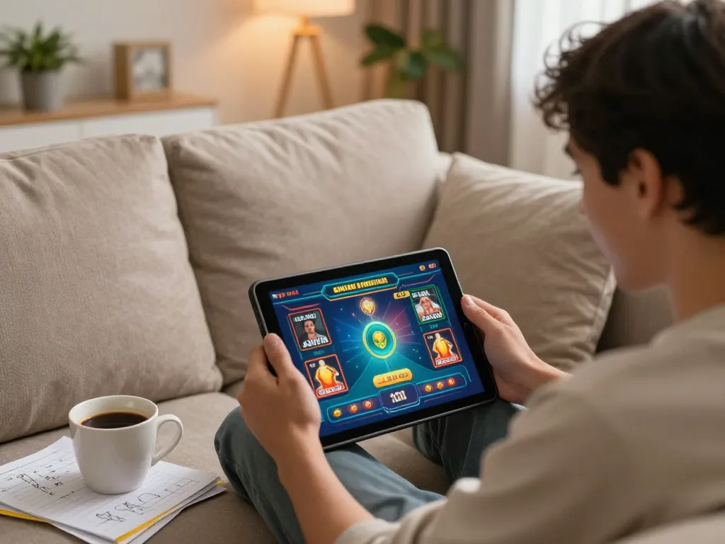 Engaging in online gambling with giường bệnh nhân around, showcasing a vibrant betting interface on a tablet while enjoying a cozy atmosphere