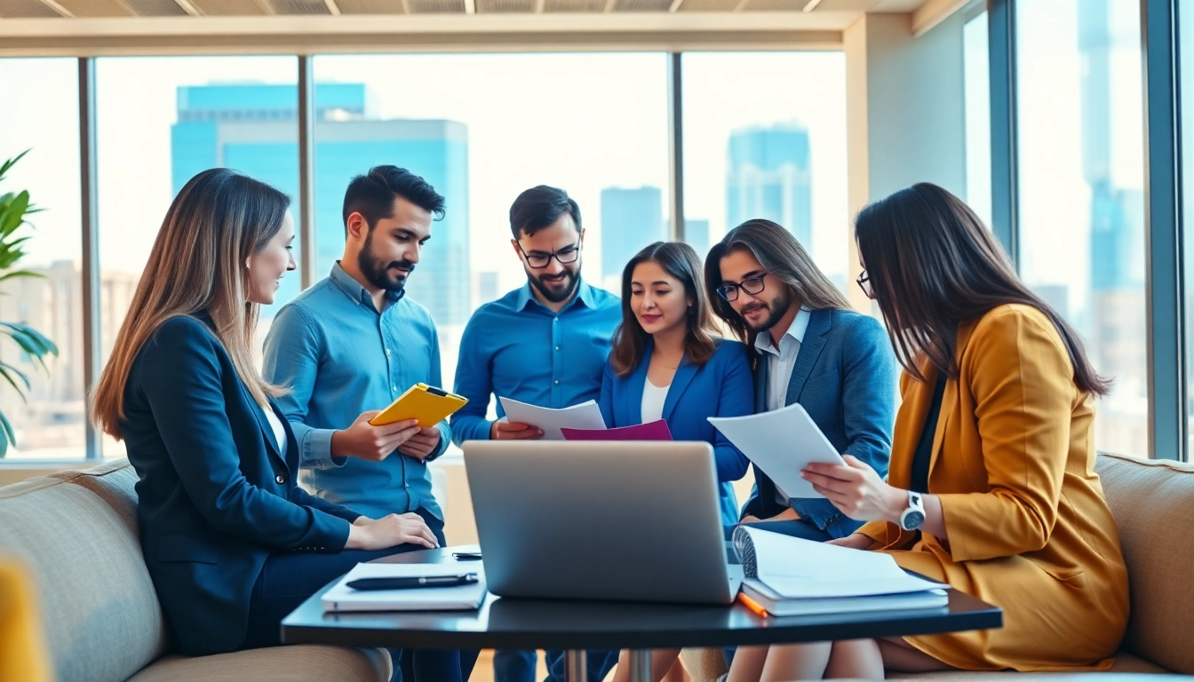 Collaborative linguists enhancing services at https://www.elitetranslingo.com in a modern office.