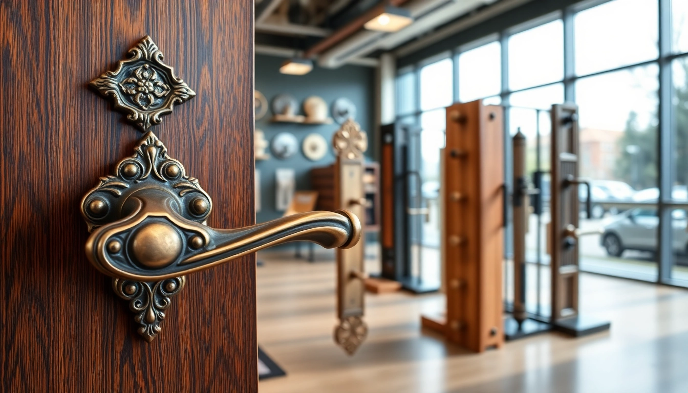 Explore innovative designs from leading Door Handle Manufacturers in a modern showroom setting.