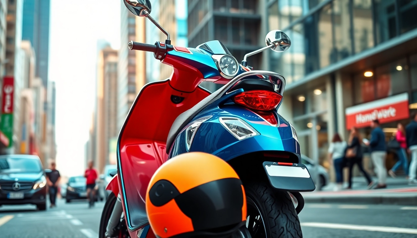 Ein roller 50ccm gebraucht in der Stadt mit hellem, energischem Design und detailreichen Modifikationen.