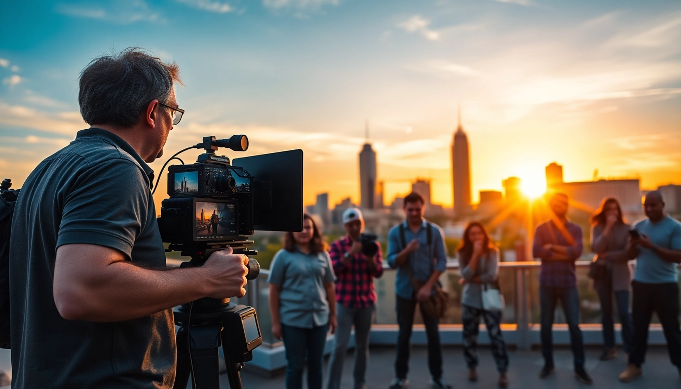 The team of a Video Production Company Phoenix working on set amidst iconic city backdrop.
