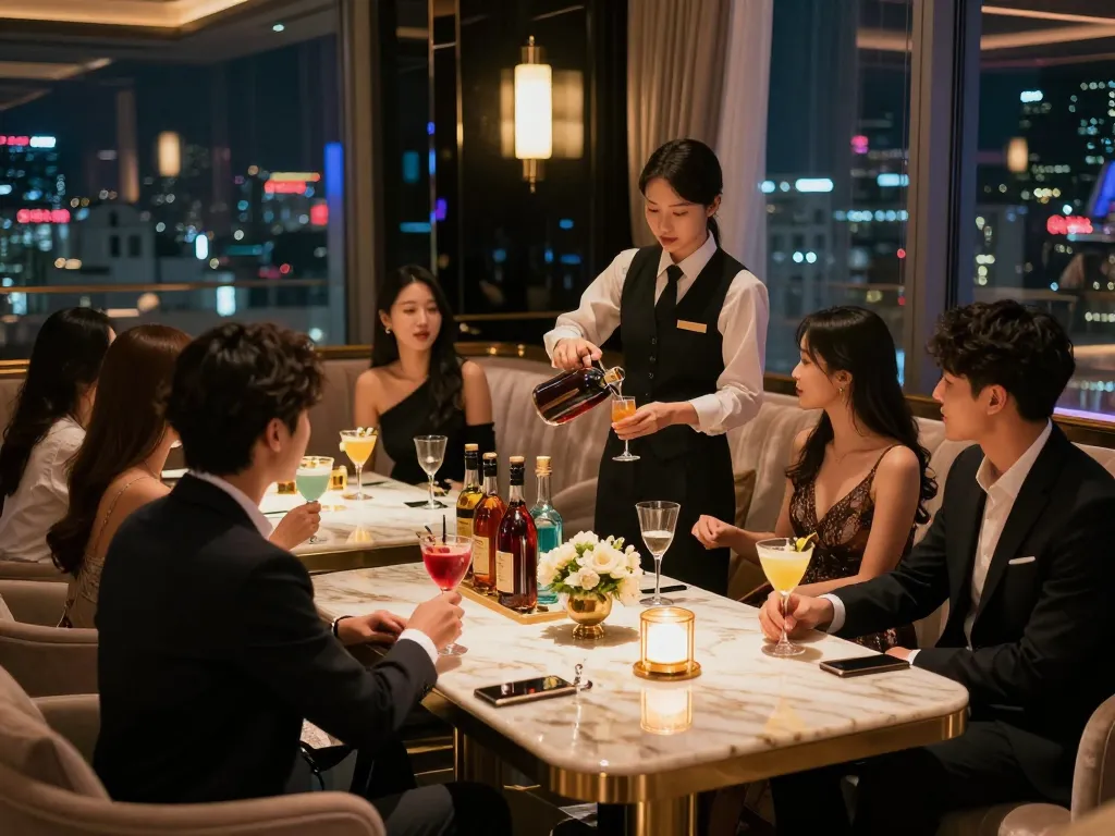 Vibrant nightlife scene at 강남쩜오 featuring guests enjoying drinks and upscale ambiance.