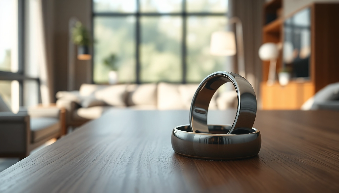 Health Ring displayed artfully, showcasing its sleek design and high-tech features in a modern setting.