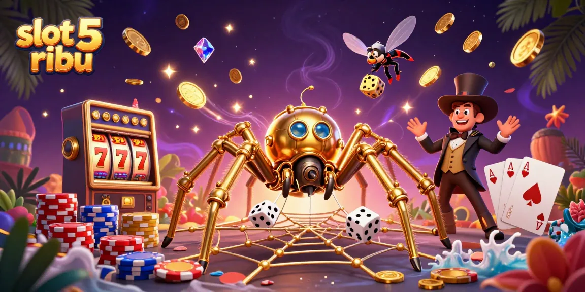 Win big with slot 5 ribu as golden coins and vibrant poker chips fly around a steampunk spider.