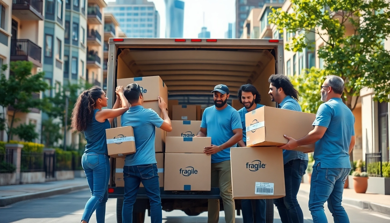 Efficient team of movers from a moving company Canada loading boxes onto a truck in an energetic urban setting.