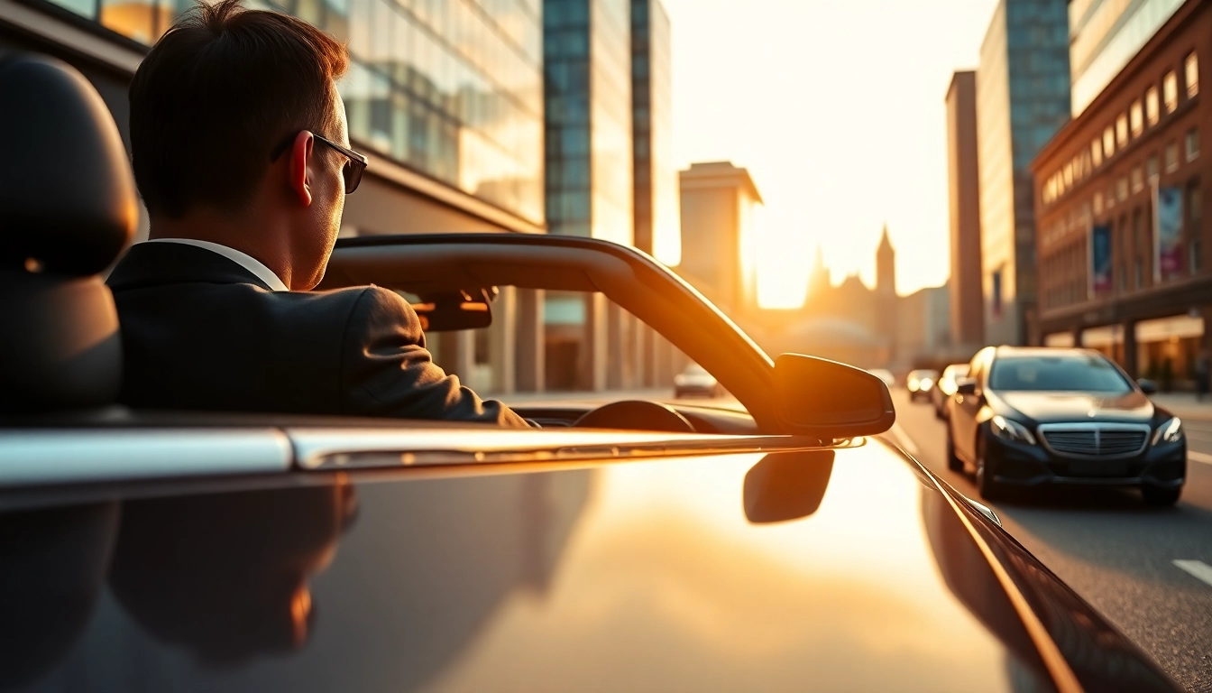Experience top Chauffeur Hire Nottingham in a luxury sedan against a city backdrop.