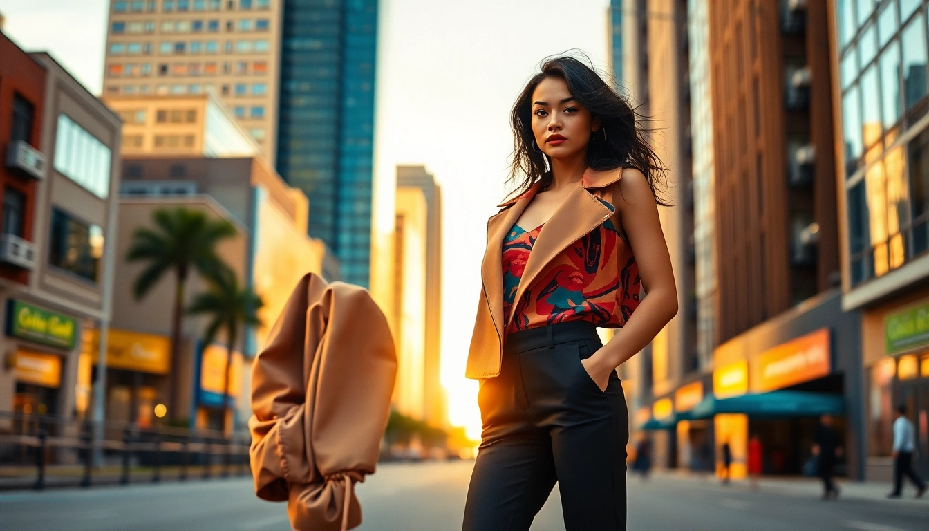 Fashion model showcasing trendy urban style against a vibrant city backdrop.