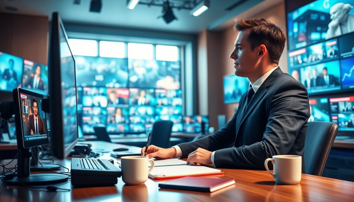 Covering news events with a focused journalist at a dynamic news desk.