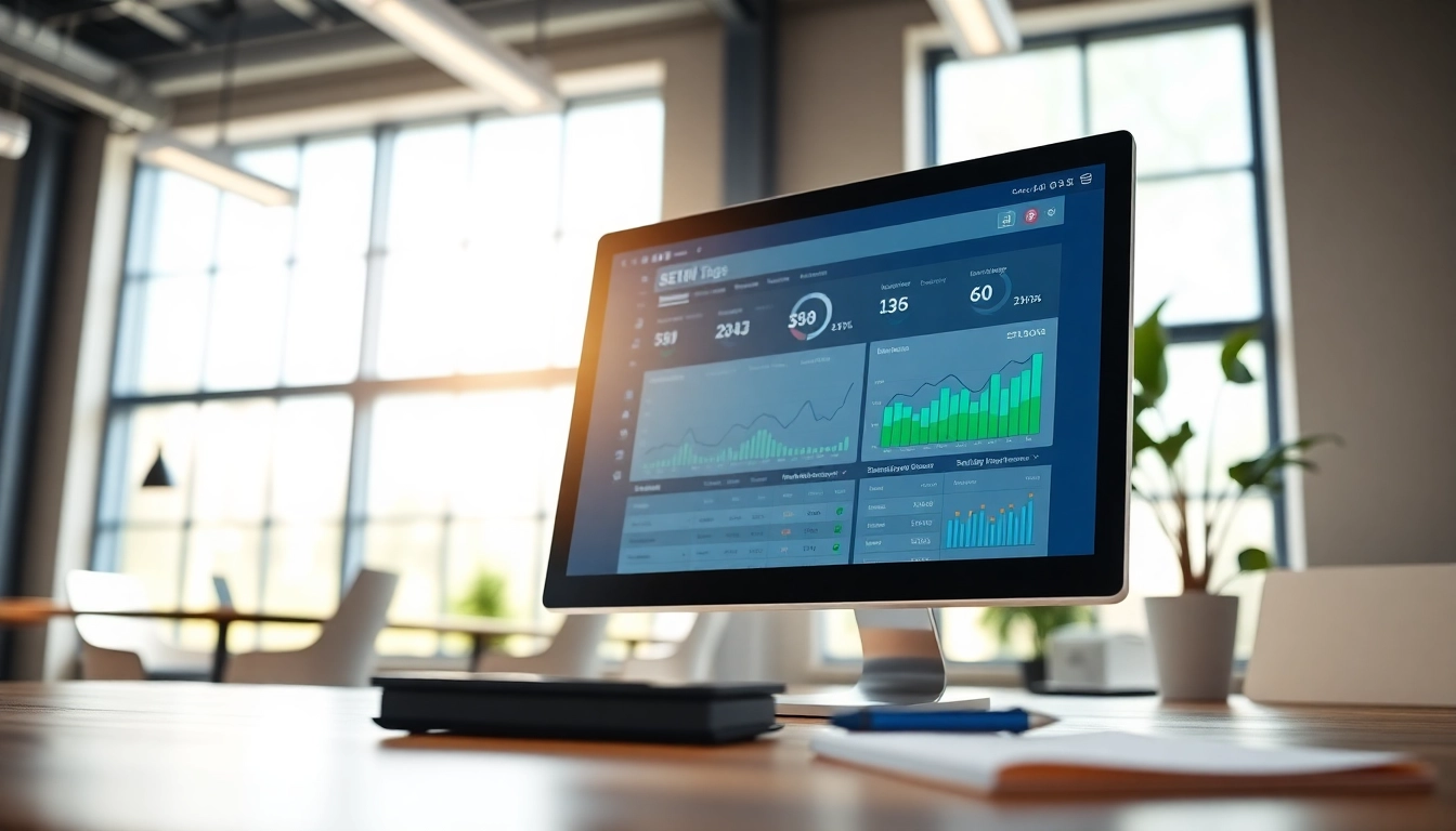 Analyze seo meta tags with a computer displaying performance metrics in a vibrant office.