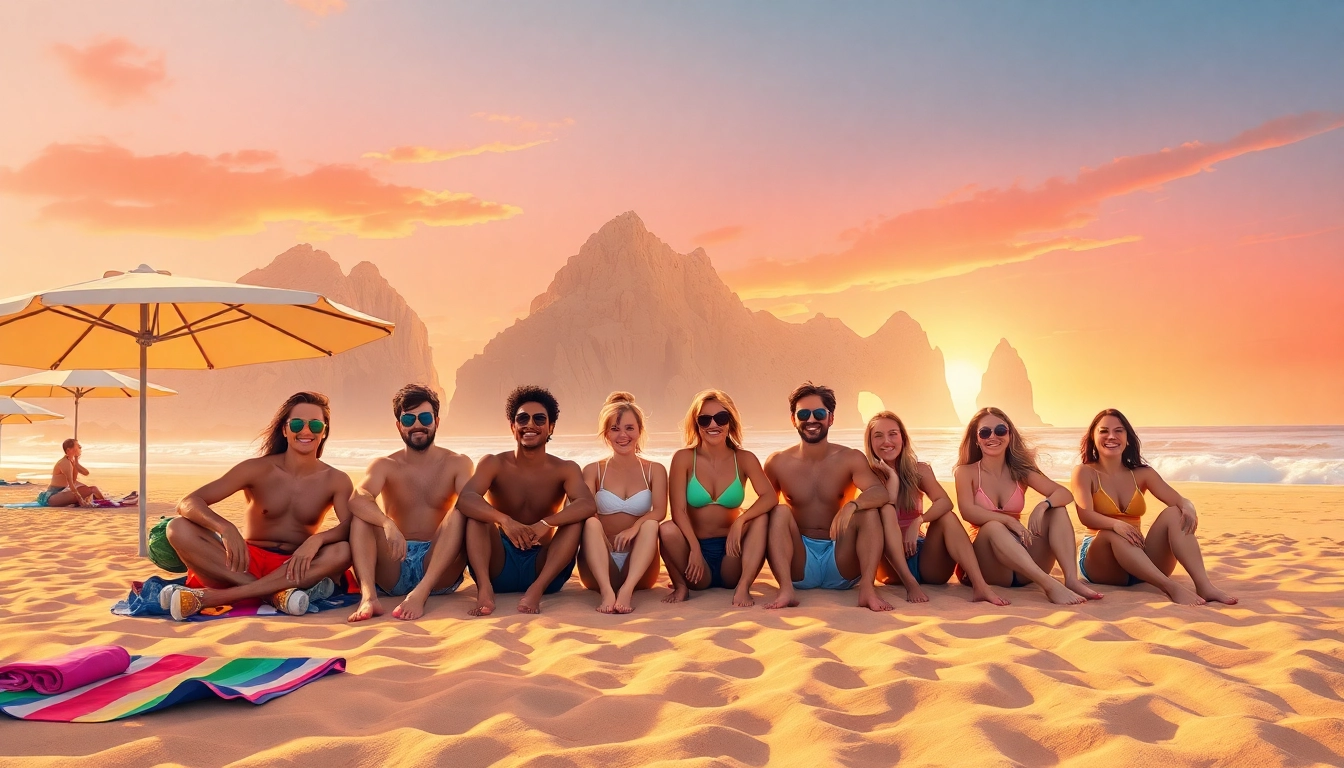 Capture insider tips for Cabo with friends enjoying a beach sunset in this vibrant scene.