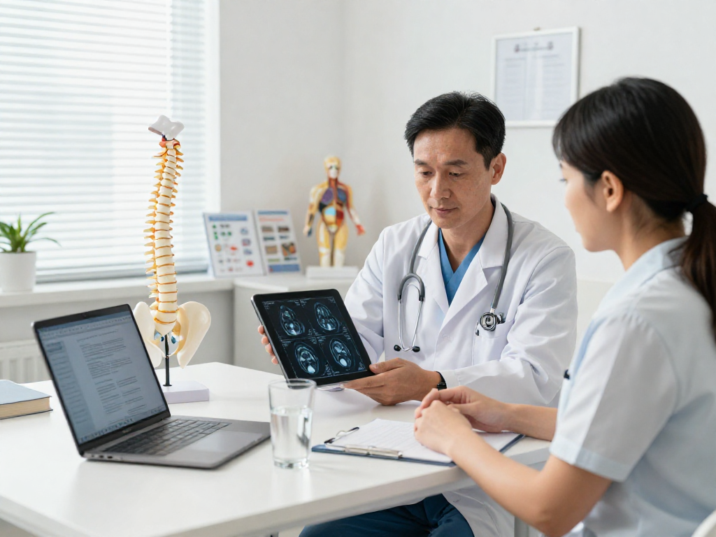 Boyun fıtığı ameliyatı discussion with patient and surgeon in a medical office