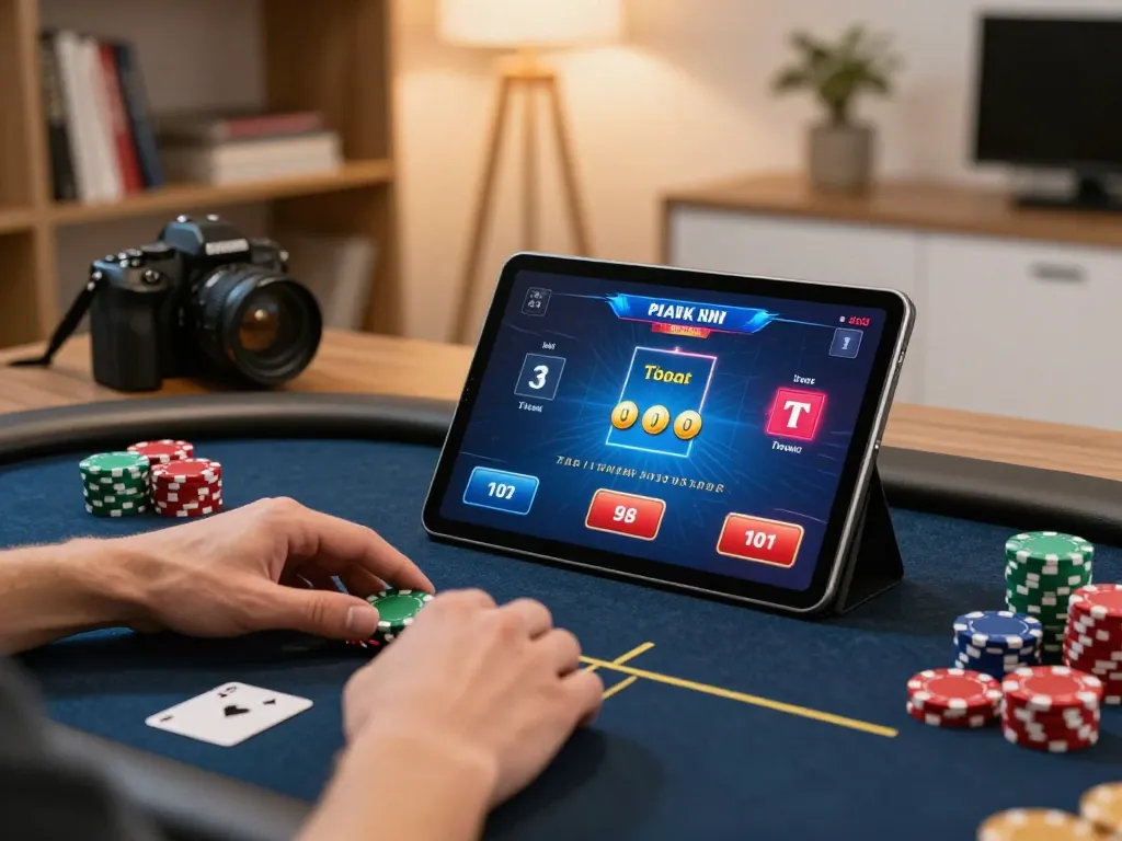 Luck8 player placing bets on a tablet in a stylish home office gaming setup.