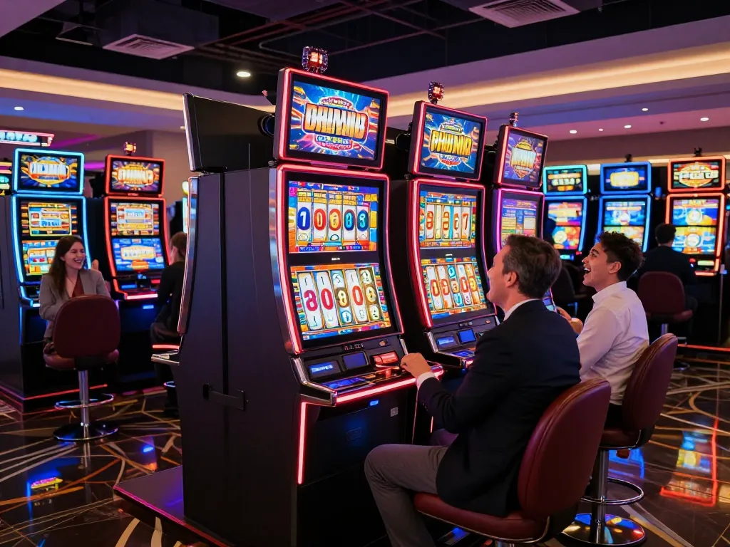 Players enjoying the excitement of สล็อต gaming on vibrant slot machines in a lively casino atmosphere.