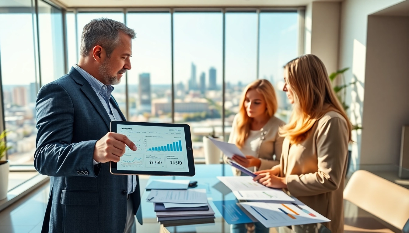 Finance advisor guiding a couple on wealth management San Antonio with financial insights in a modern office.