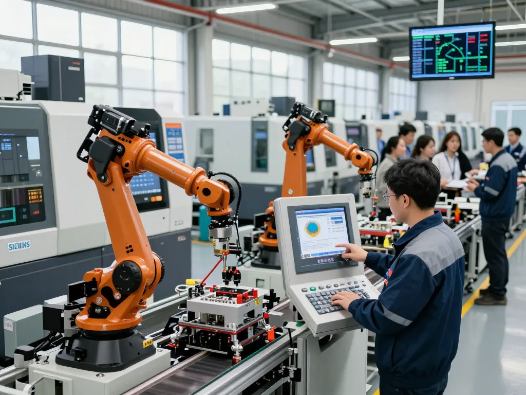 Siemens automation system in a modern manufacturing environment with engineers and robotic arms.