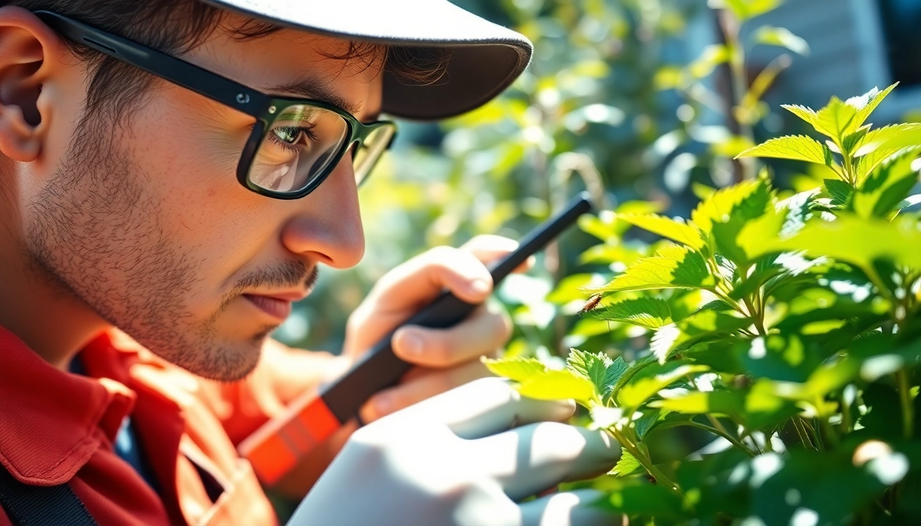Explore a maintenance bug control plan with a pest control technician in a vibrant garden inspecting plants.
