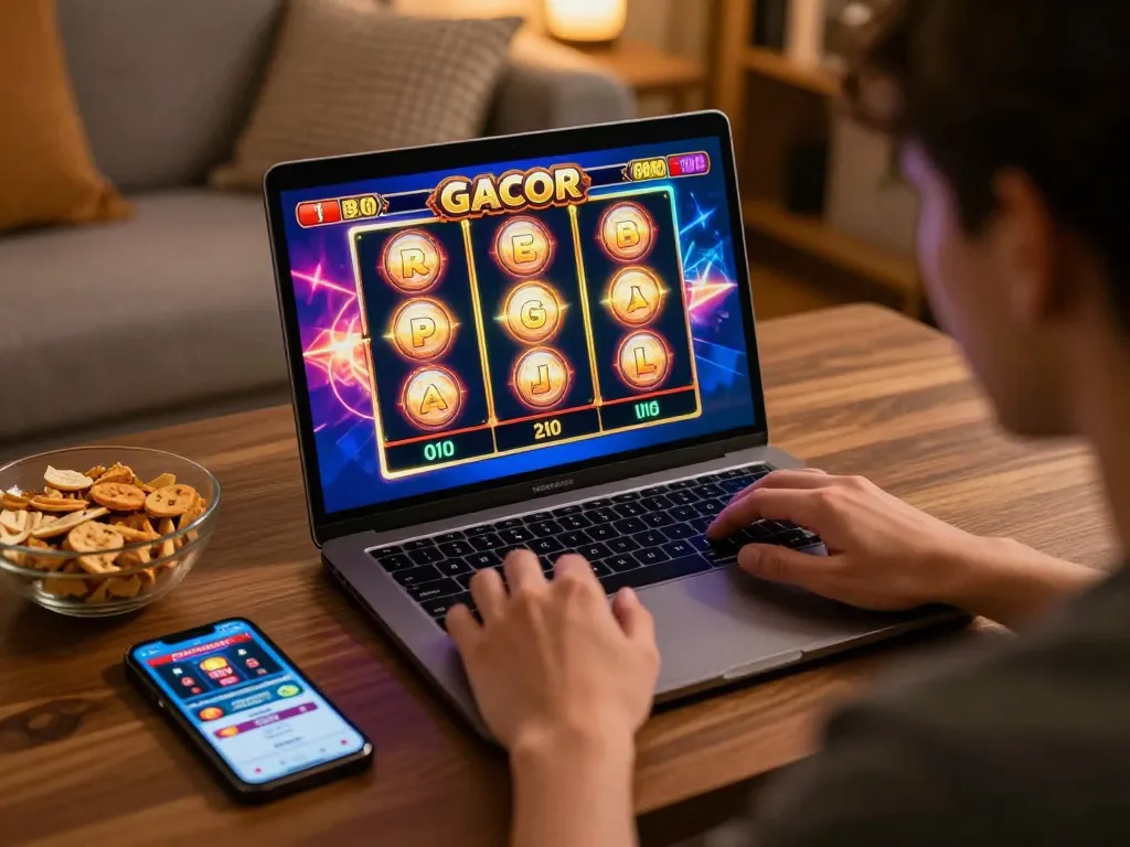 Engaging in a slot gacor game at home, celebrating wins on a vibrant gaming laptop