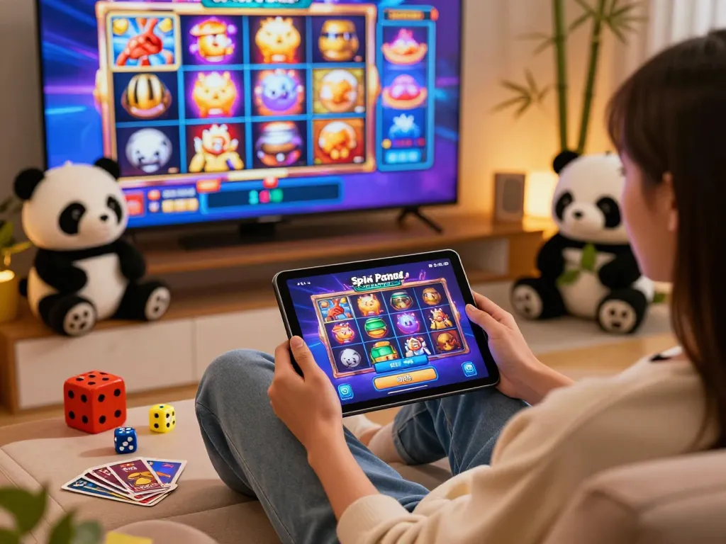 Exciting moment using the Spin Panda app on a tablet in a cozy gaming environment.