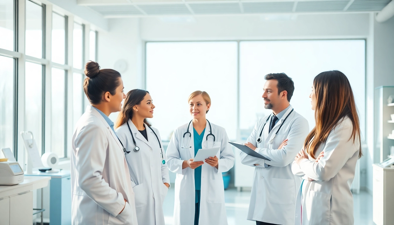 Healthcare professionals collaborating to promote Health in a bright, modern clinic environment.