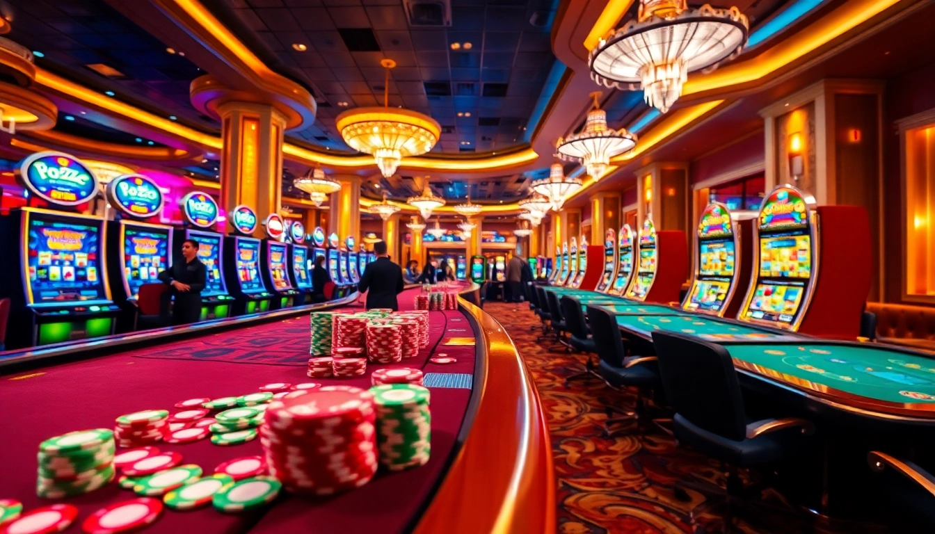 Menggambarkan suasana kasino yang meriah dengan bbni4d dan meja poker warna-warni.