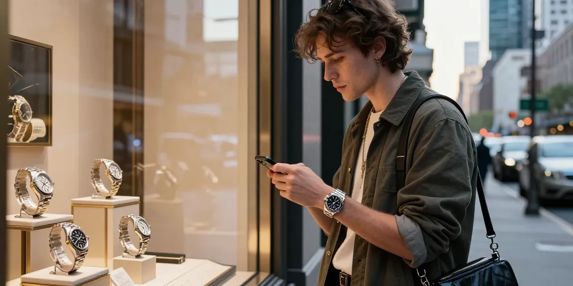 Stylish person exploring a watch boutique, showcasing luxury rolex replica on wrist.