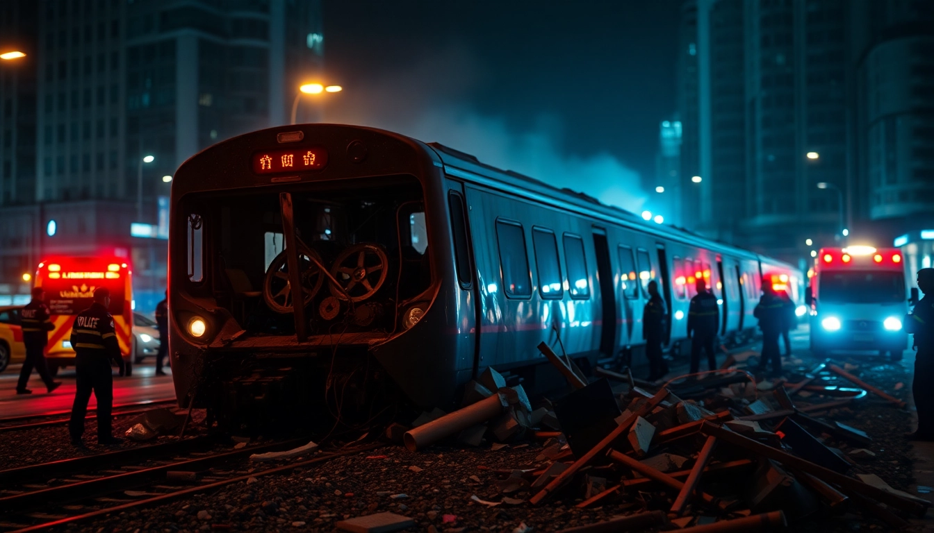 Spain train crash scene with emergency responders attending the wreckage.