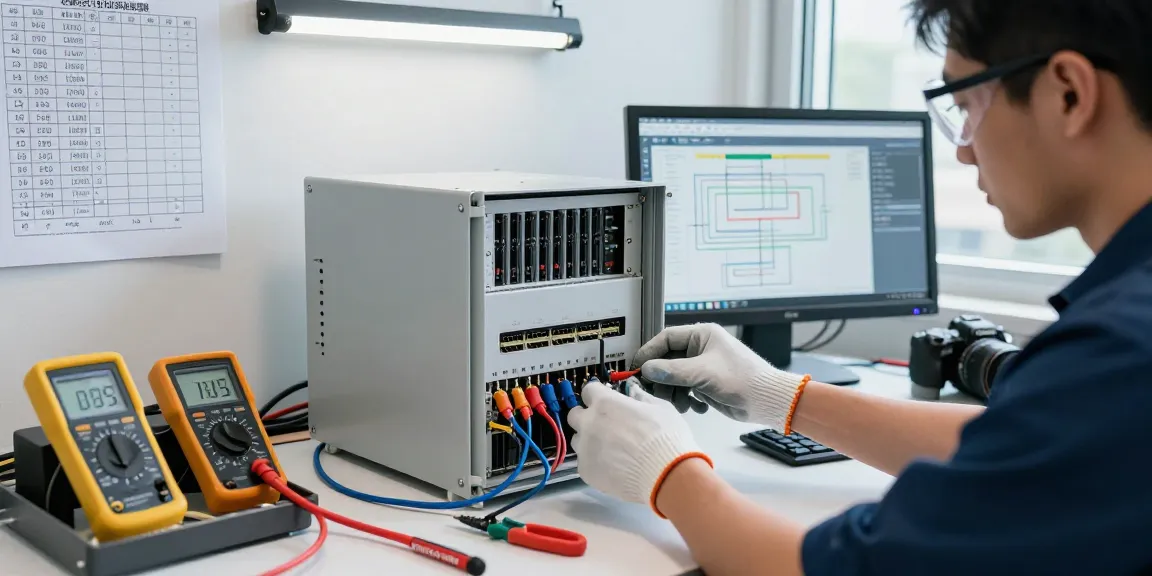 Technician working on C19/C20 connectors in a modern engineering workspace