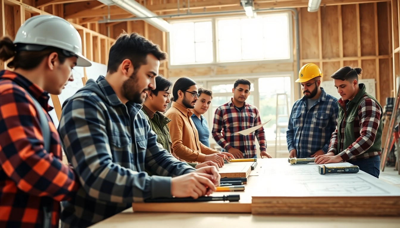 Engaged trainees participating in a construction apprenticeship session with hands-on training techniques.