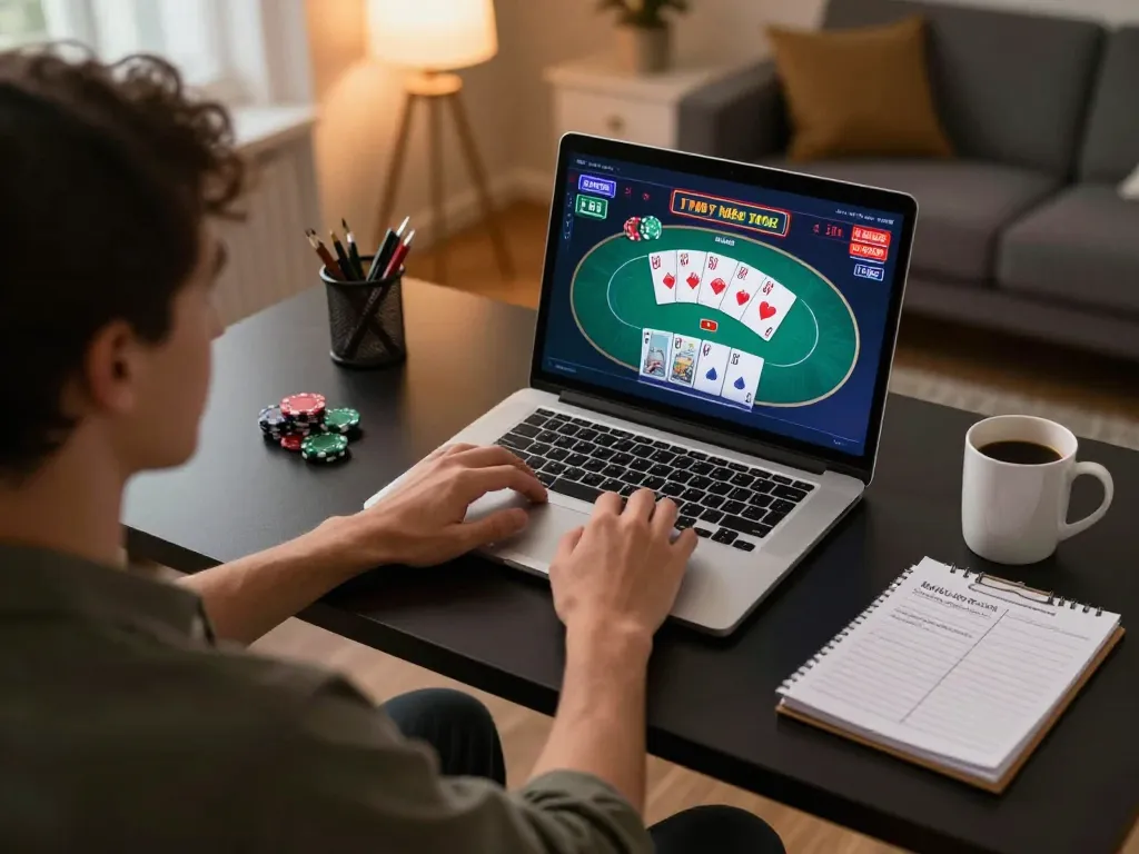 Person engaging in online gaming at https://www.mnm88.com/, showcasing poker action and strategic planning.