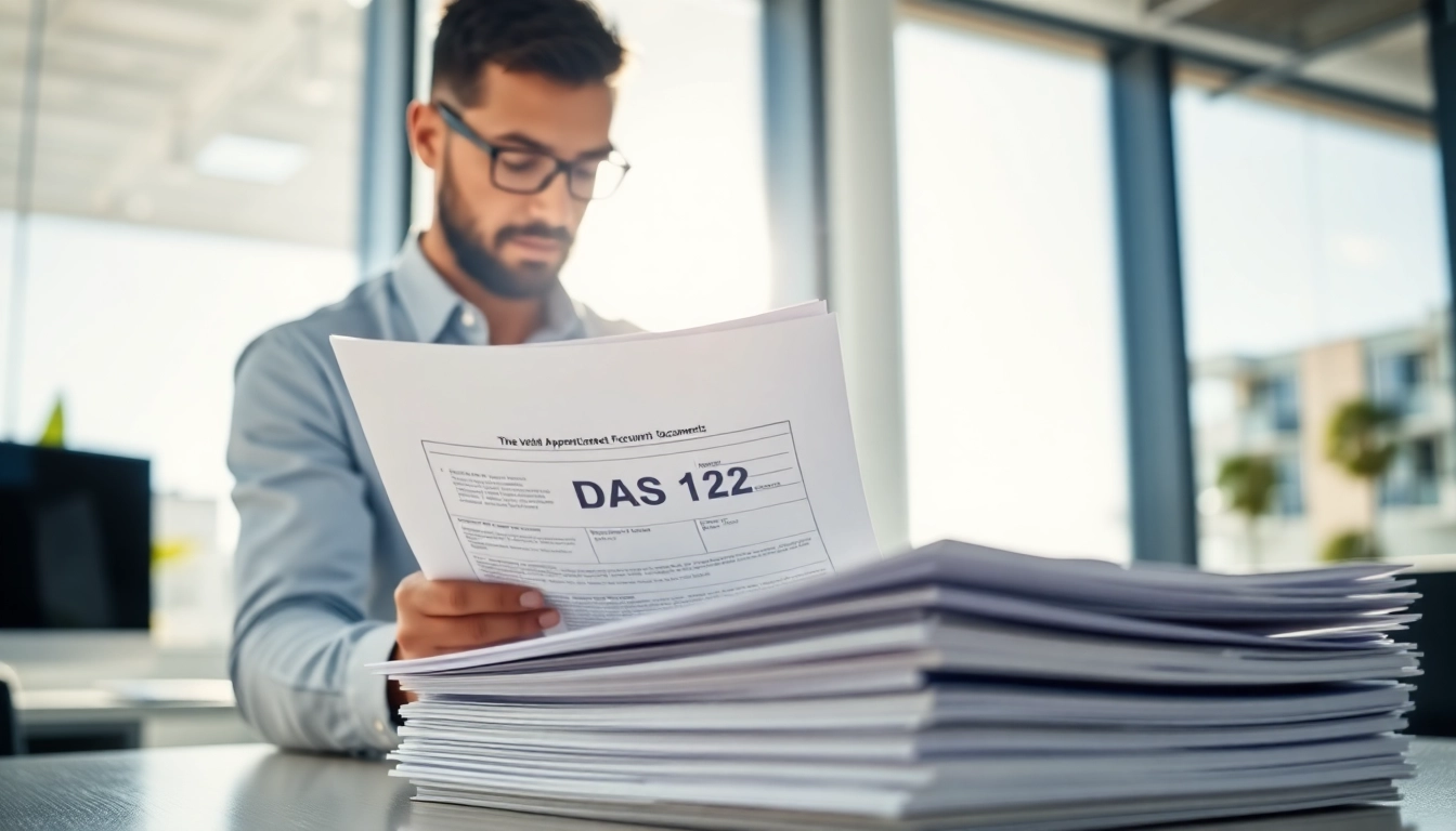 DAS 142 form review by a contractor in a modern setting illustrating professionalism.