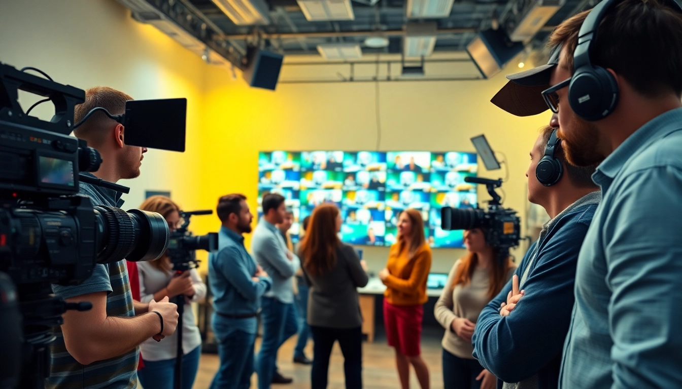 Team working on video production showcasing edmonton production companies in a vibrant studio.