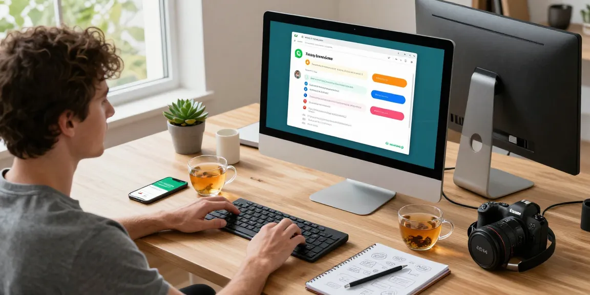 Engaging with WhatsApp電腦版 on a sleek desktop in a modern home office, bright natural light enhancing productivity.