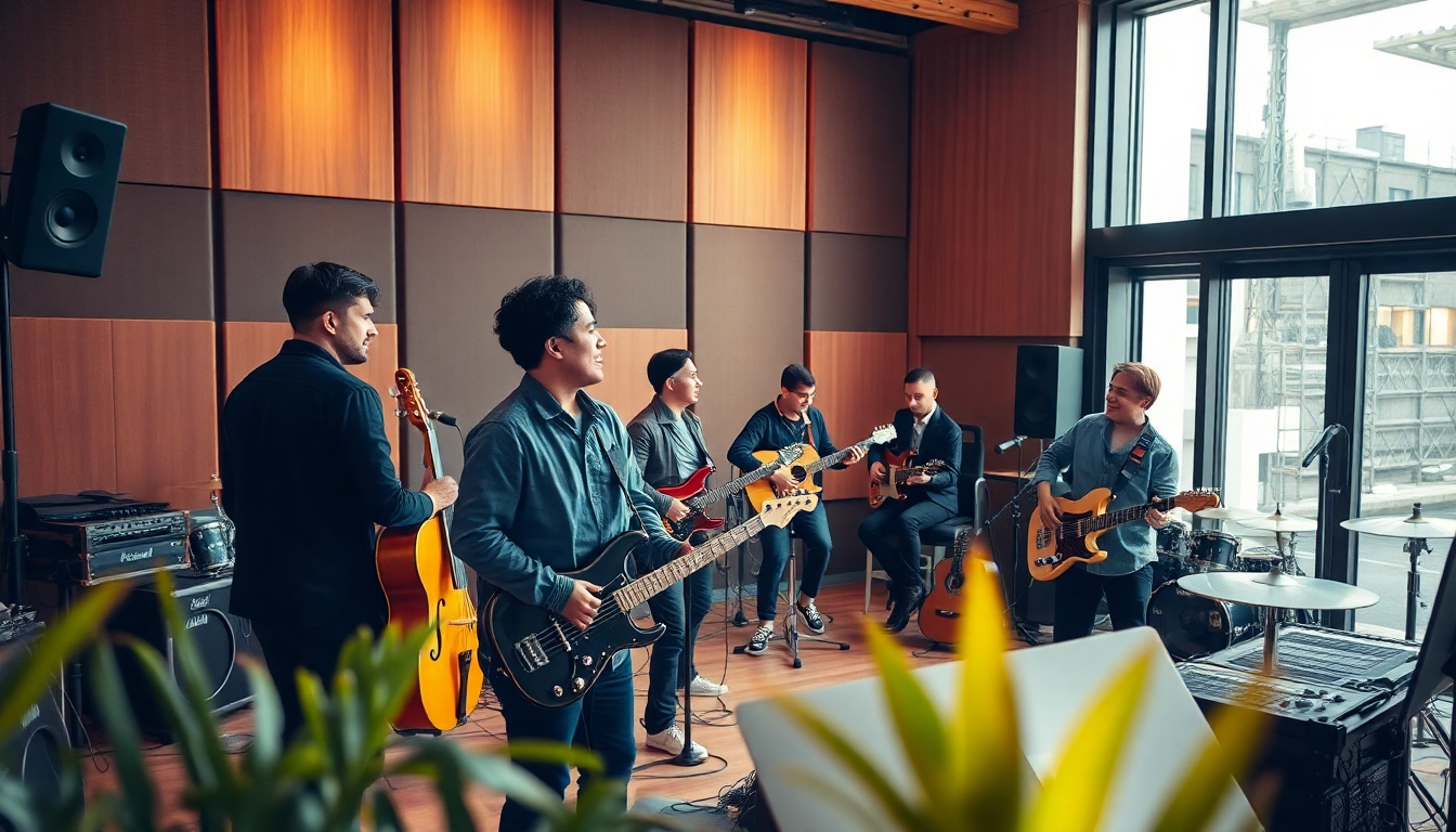 Engaged musicians collaborating in a modern studio, representing a thriving music pr agency.