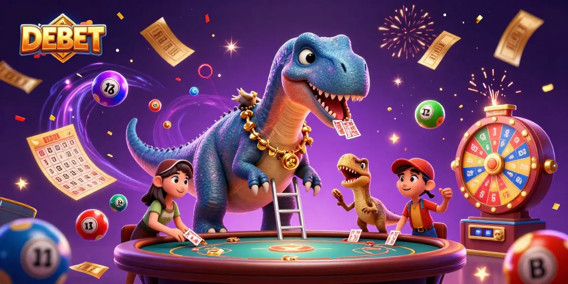Engage with DEBET as a colorful brontosaurus overlooks a dynamic casino scene with vibrant gambling elements.