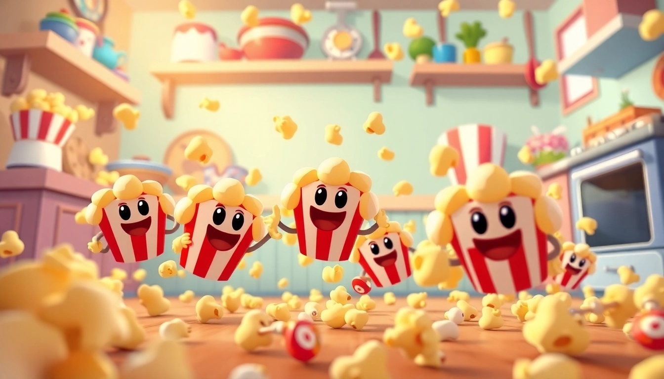 Engaging scene from popcorn google doodle featuring colorful popcorn kernels in action.