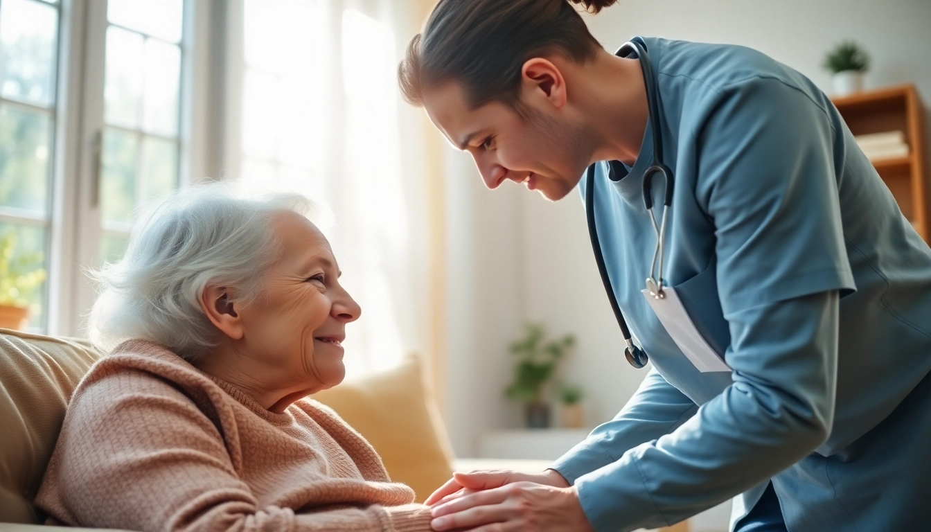 Elderly in home care near me with a caregiver providing attentive support in a bright living room.