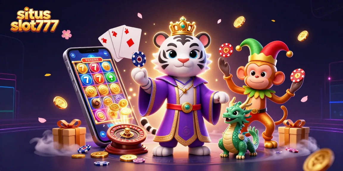 Spark magical wins at situs slot777 with a tiger, monkey, and dragon in a vibrant casino scene.