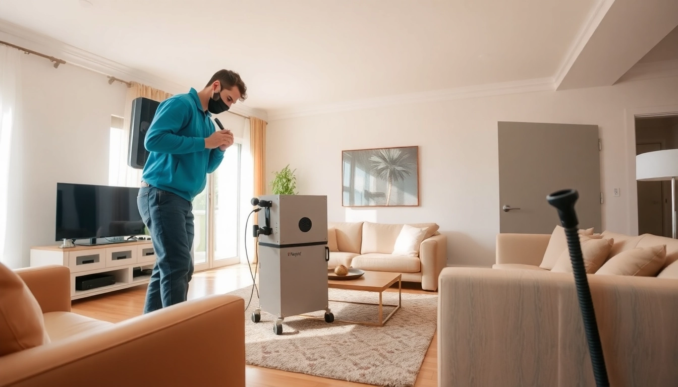 Bed bug heat treatment technician setting up professional equipment in a clean living room.