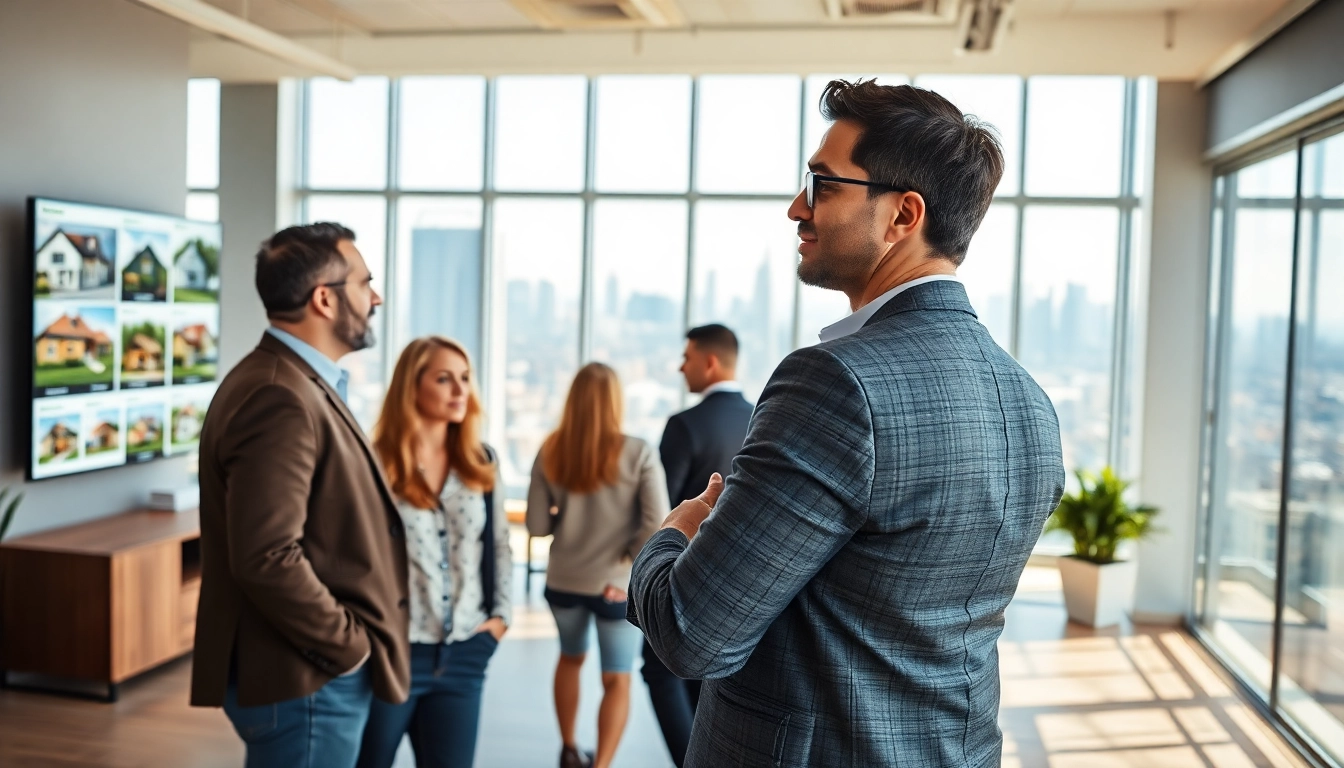 Showcasing a real estate agent consulting with clients amidst vibrant property listings.