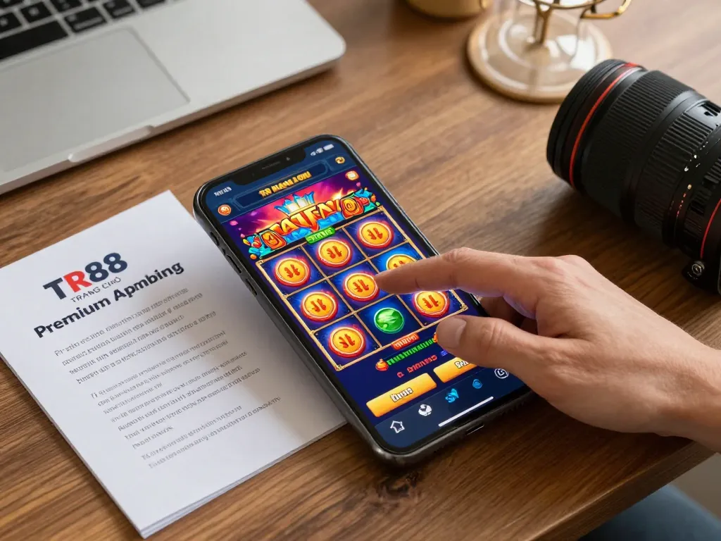 Engaging scene of a player interacting with a TR88 TRANG CHỦ online slot game on a smartphone, highlighting strategic betting.