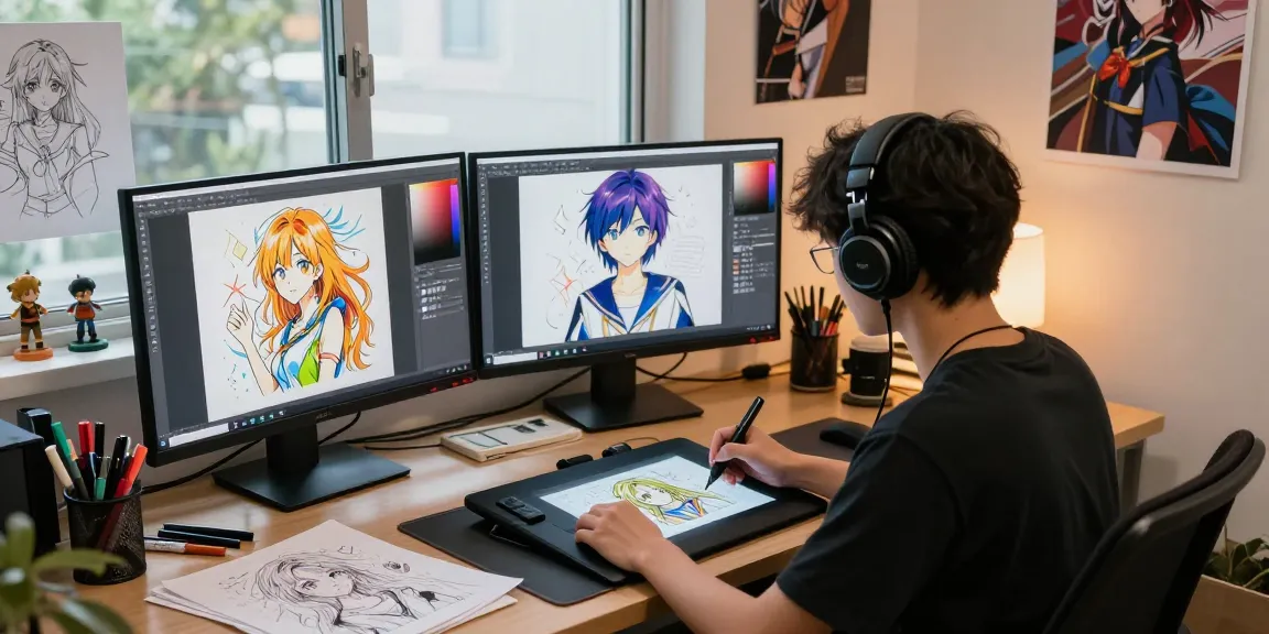 Artist creating hentai ai chat illustrations in a vibrant digital art studio.